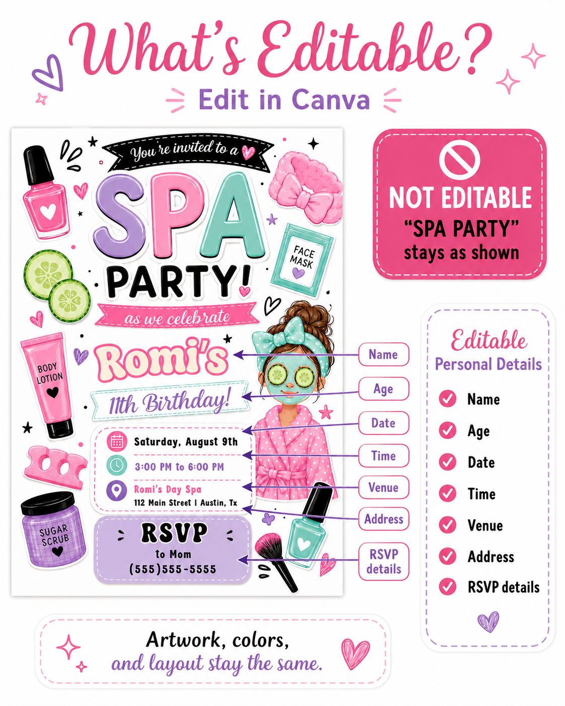 Spa party birthday invitation with nail polish, face mask, robe, cucumber slices, lotion, sugar scrub, makeup brush, hearts, and pink purple teal details