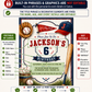 Baseball birthday invitation featuring a glove, baseballs, bat, cap, pennant flag, home plate design and red and navy sports details.
