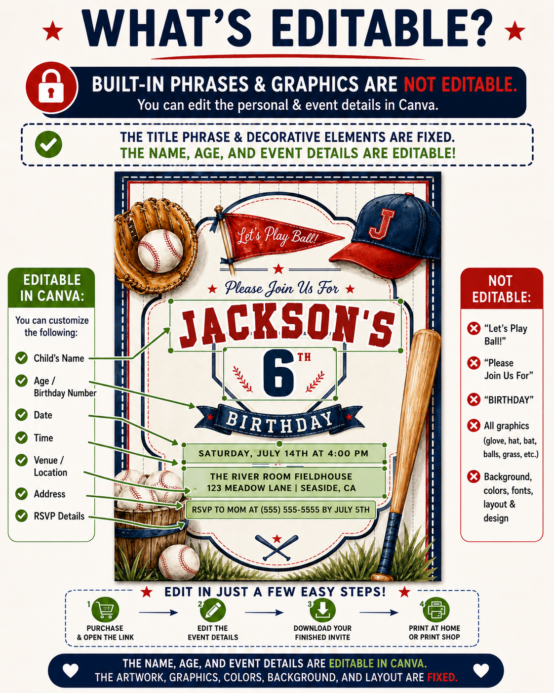 Baseball birthday invitation featuring a glove, baseballs, bat, cap, pennant flag, home plate design and red and navy sports details.
