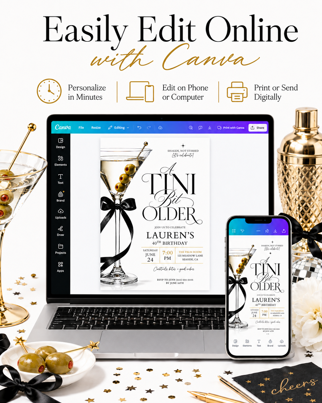 Martini 40th birthday invitation with elegant cocktail glass, olives, black satin bow, gold accents, minimalist white background, and chic milestone party details