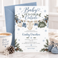 Editable Baby It's Cold Outside baby shower invitation template with snowflakes, pine branches, and blue bows