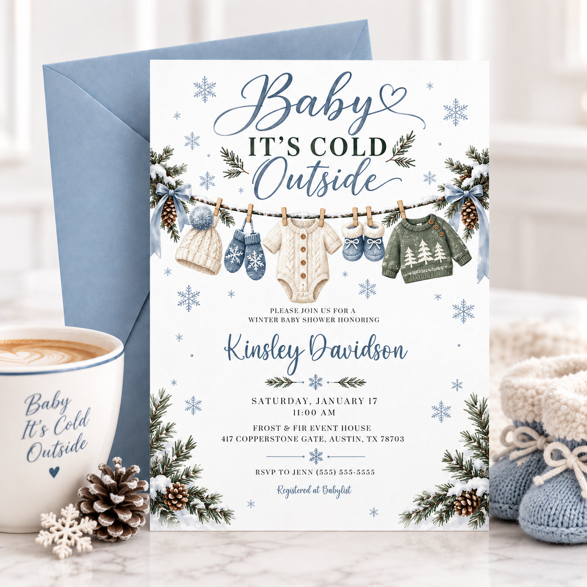 Editable Baby It's Cold Outside baby shower invitation template with snowflakes, pine branches, and blue bows