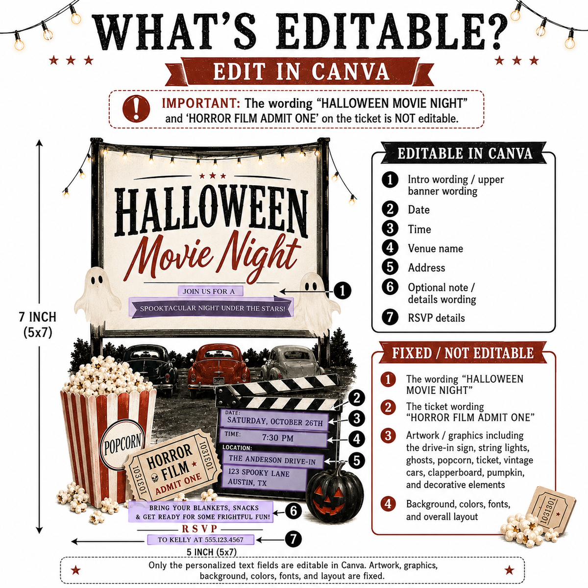 Halloween movie night invitation with vintage drive-in theater, classic cars, popcorn, horror film ticket, clapperboard, ghosts, and black jack-o-lantern