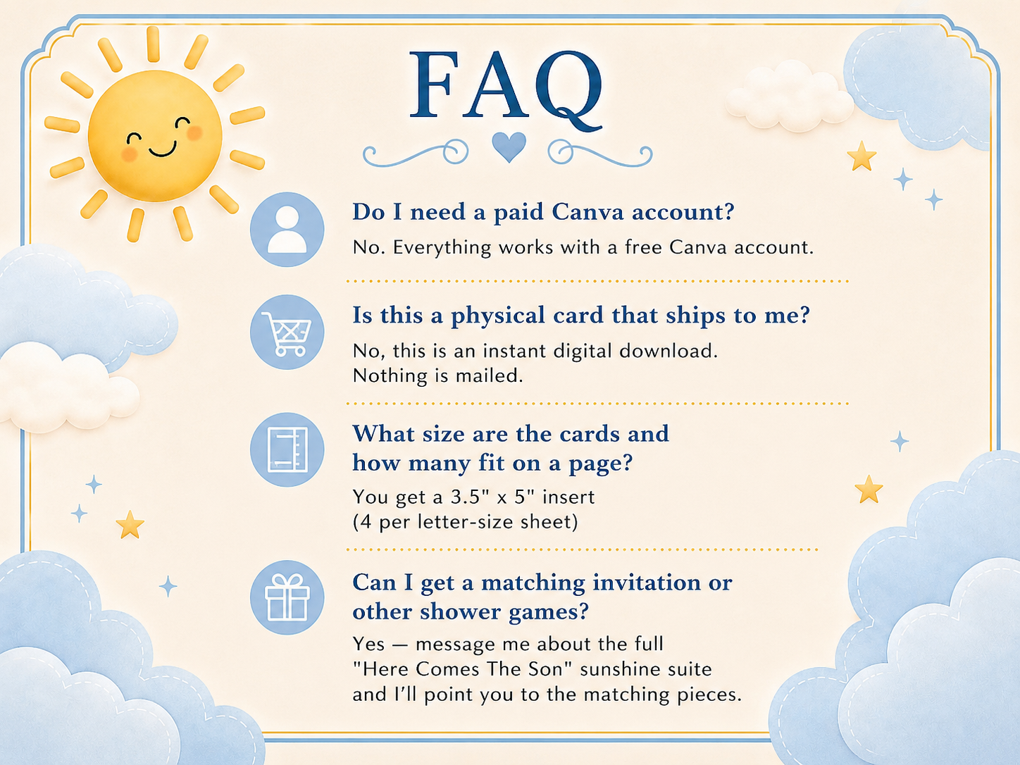 Editable here comes the son diaper raffle card Canva template with smiling sun, fluffy blue and white clouds, gold star accents, and navy and golden script typography on a warm cream background, landscape orientation