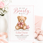 We can bearly wait baby shower invitation with watercolor teddy bear, pink bow, stitched star pillow, scalloped border, and soft pink baby girl details