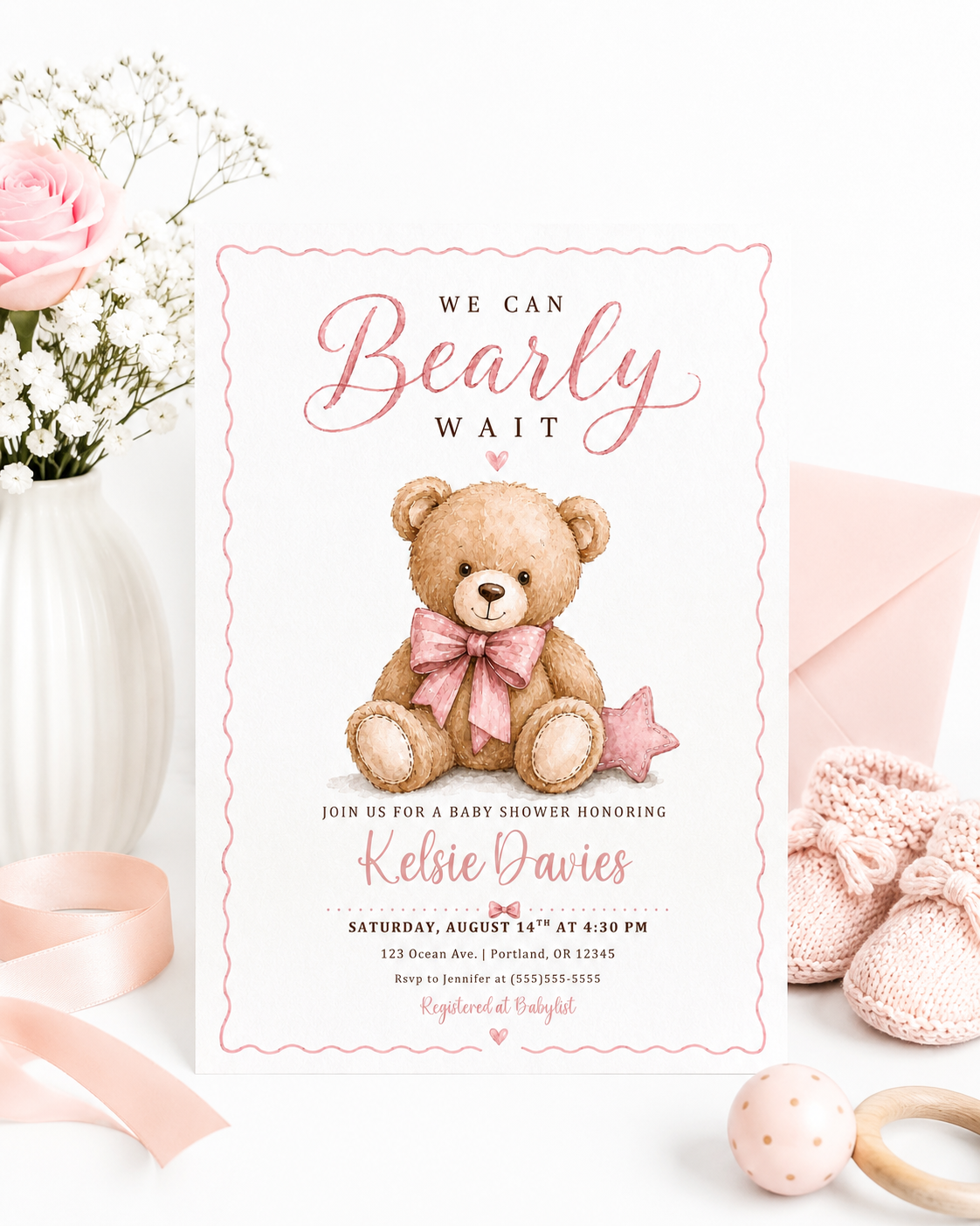 We can bearly wait baby shower invitation with watercolor teddy bear, pink bow, stitched star pillow, scalloped border, and soft pink baby girl details