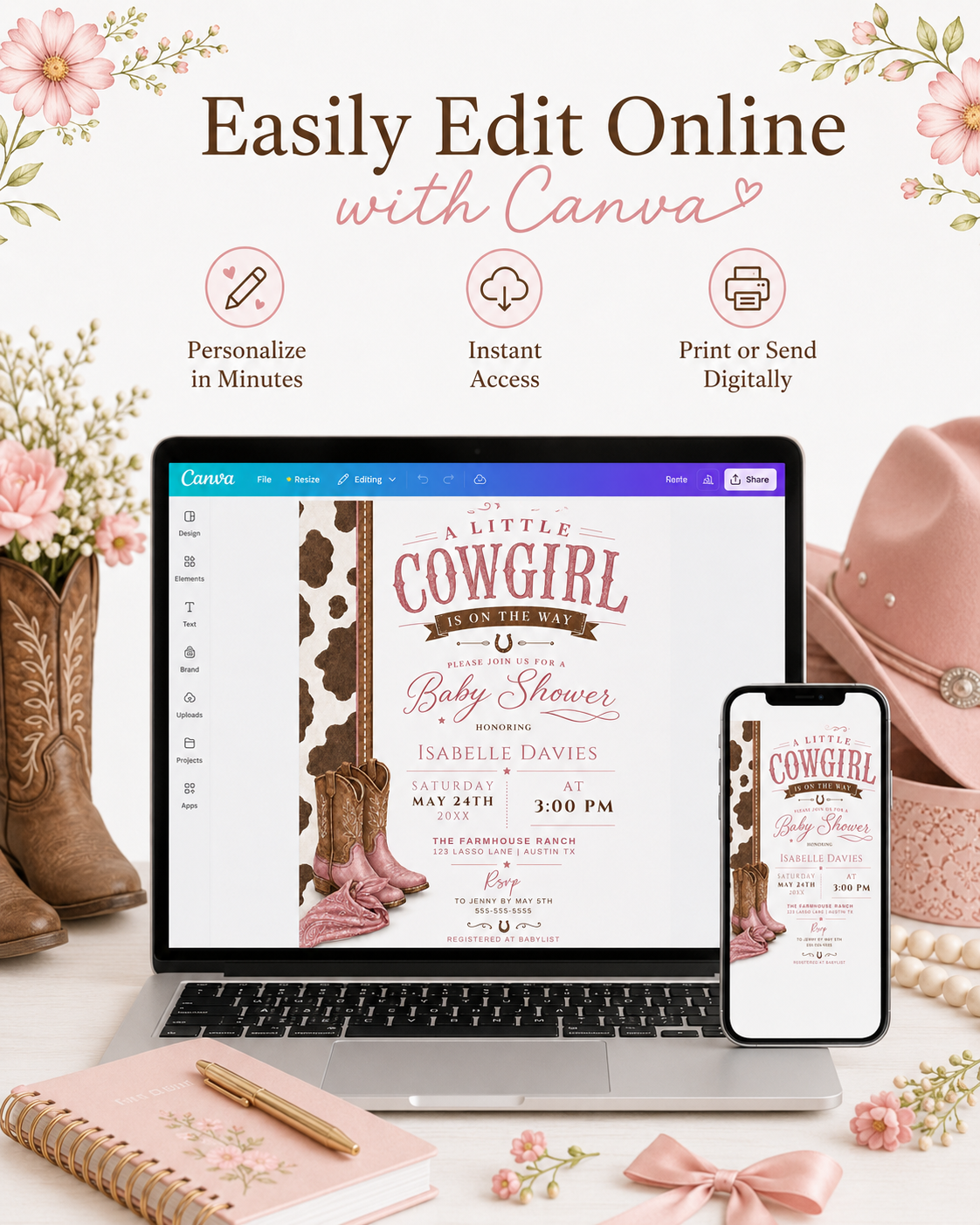 Little cowgirl baby shower invitation featuring pink cowboy boots, a pink bandana, brown cow-print border, horseshoes and western details.
