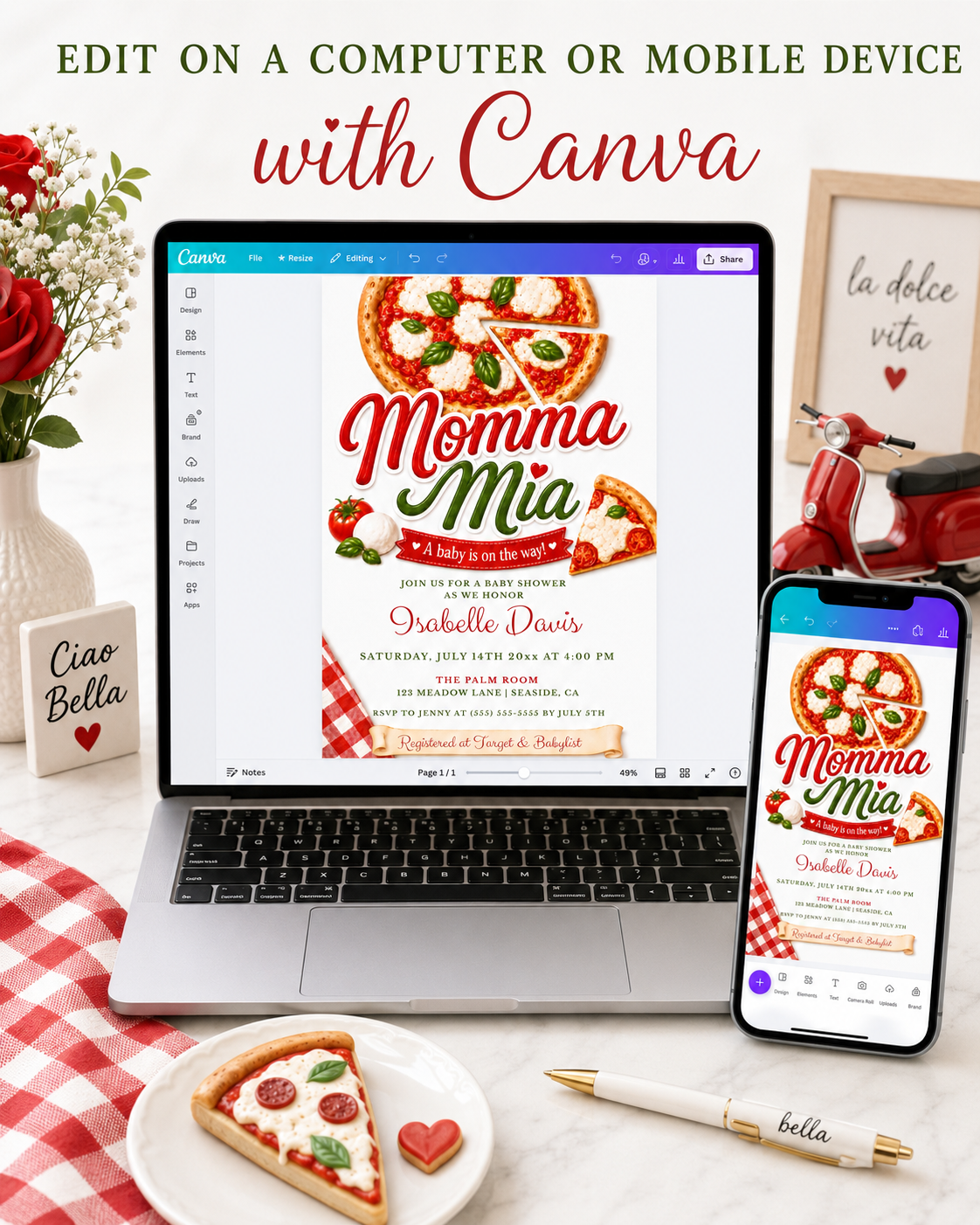 Editable momma mia pizza baby shower invitation Canva template with Italian pizzeria aesthetic, bold red and green script typography, pizza illustration, and red gingham accent on a white background