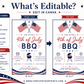 Editable Fourth of July party invitation Canva template with crossed American flags, BBQ grill icon, star accents, and red script and navy bold typography on a white background