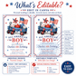 All-American boy birthday invitation featuring a wagon, American flag, baseball and stars in red, white and blue.
