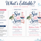 Editable sea you soon girl baby shower invitation Canva template with watercolour sea turtle with pink bow, pink striped sailboat, life ring, starfish, and navy and pink typography on a white background
