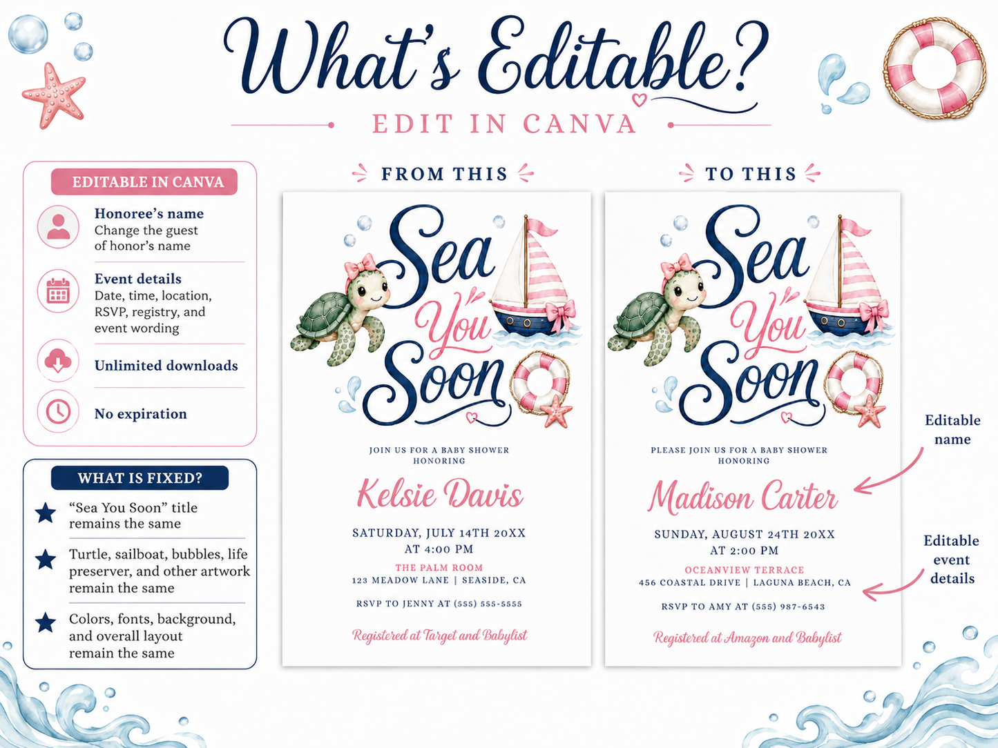 Editable sea you soon girl baby shower invitation Canva template with watercolour sea turtle with pink bow, pink striped sailboat, life ring, starfish, and navy and pink typography on a white background