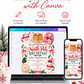North Pole Breakfast invitation with Santa mugs, stacked pancakes, candy canes, Christmas pajamas, elf hats, pink bows, evergreen sprigs, and festive holiday party details