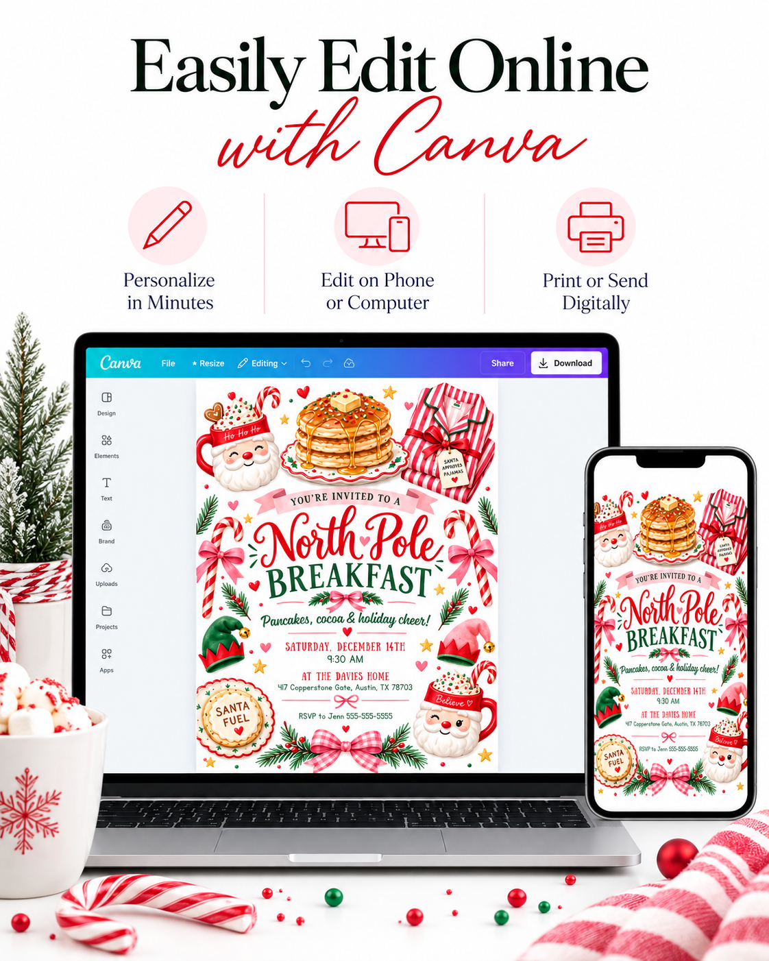 North Pole Breakfast invitation with Santa mugs, stacked pancakes, candy canes, Christmas pajamas, elf hats, pink bows, evergreen sprigs, and festive holiday party details