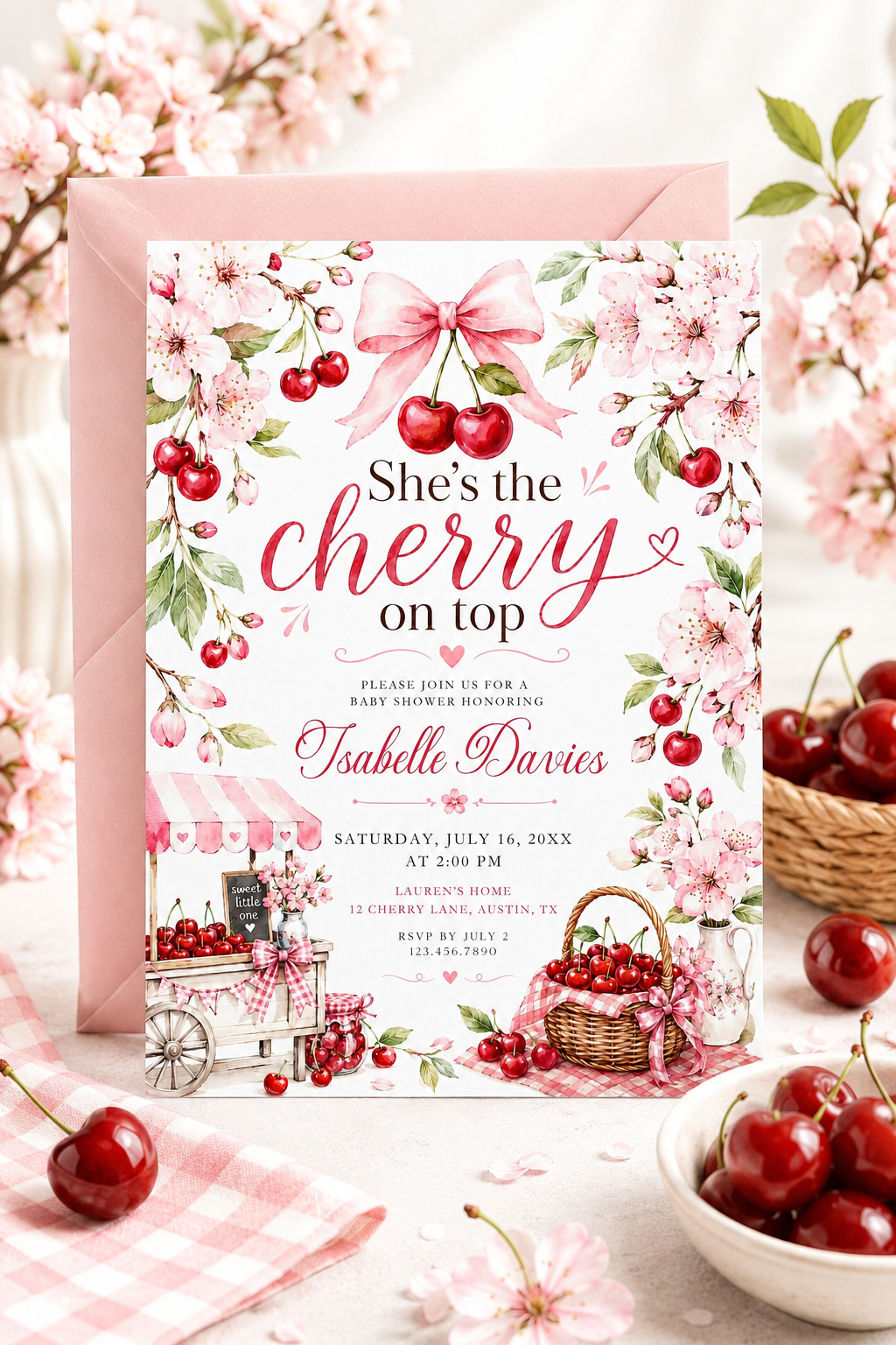 Cherry baby shower invitation featuring red cherries, pink cherry blossoms, blush gingham bows, cherry cart, basket and floral details.
