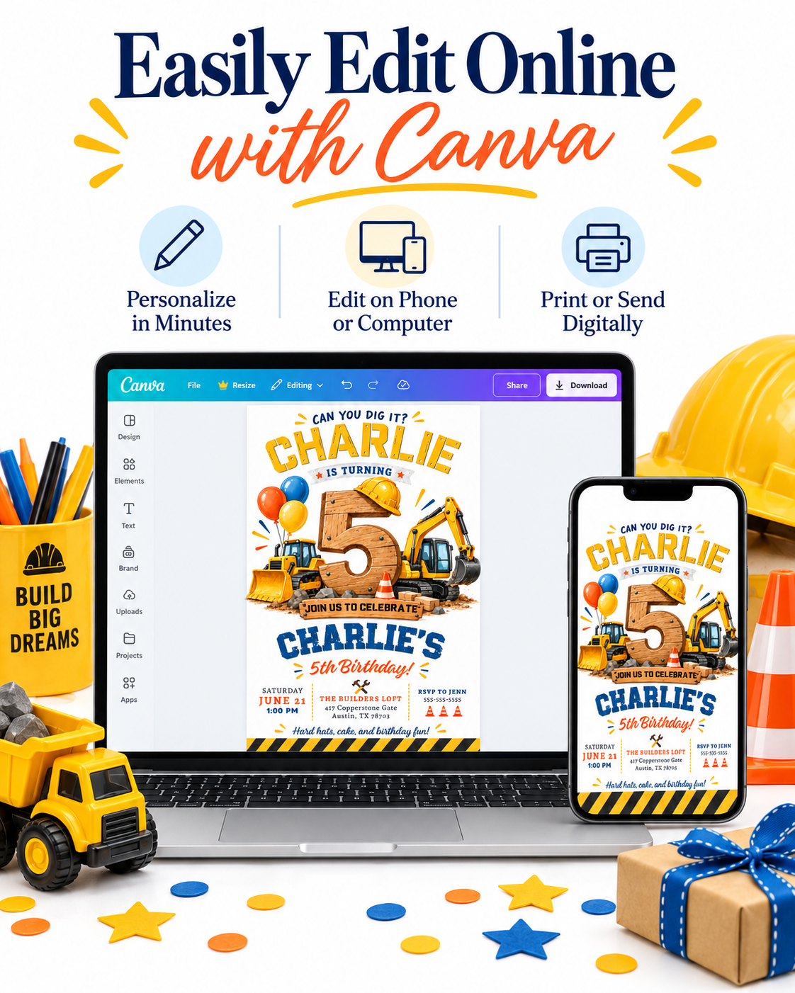 Construction 5th birthday invitation with giant wooden number 5, excavator, bulldozer, hard hat, balloons, traffic cones, and Can You Dig It party details