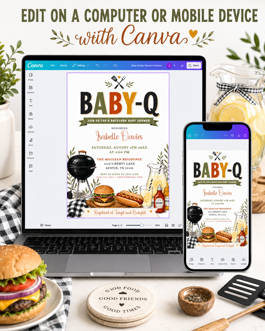BBQ baby shower invitation with a backyard cookout theme in olive green, mustard, and rust orange