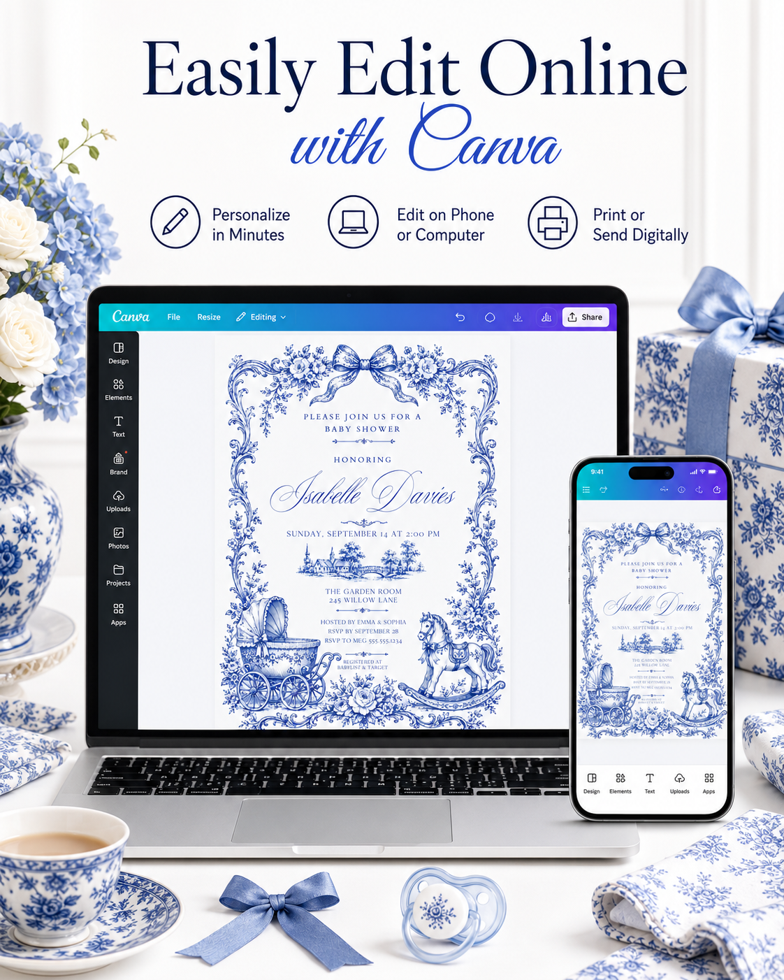 Blue toile baby shower invitation with royal blue floral border, bow, baby carriage, rocking horse, countryside scene, and elegant vintage details
