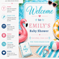 Pool party baby shower welcome sign with a flamingo float, beach ball, and heart sunglasses in pink and aqua