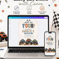 Ready set four monster truck birthday invitation with blue, orange, and green monster trucks on a dirt track with checkered flags in blue, orange, and green