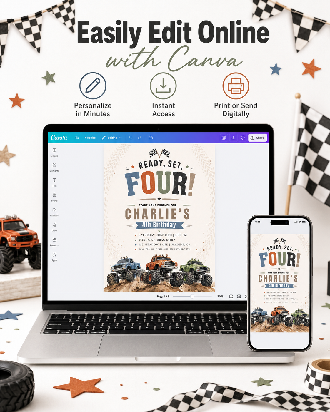 Ready set four monster truck birthday invitation with blue, orange, and green monster trucks on a dirt track with checkered flags in blue, orange, and green