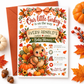 Fall baby shower invitation with Our Little Turkey Is on the Way wording, a cute turkey, pumpkins, orange gingham bow, and autumn leaves