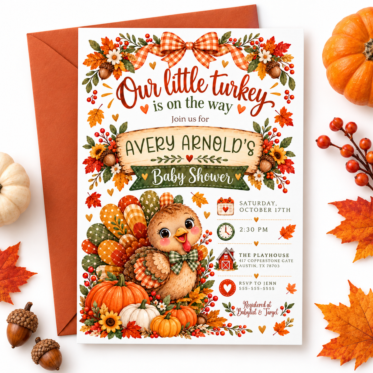 Fall baby shower invitation with Our Little Turkey Is on the Way wording, a cute turkey, pumpkins, orange gingham bow, and autumn leaves