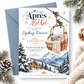 Après Bébé baby shower invitation with a basket-style ski lift holding a plush bunny and knit blanket above snowy mountains, evergreen trees, and a ski chalet
