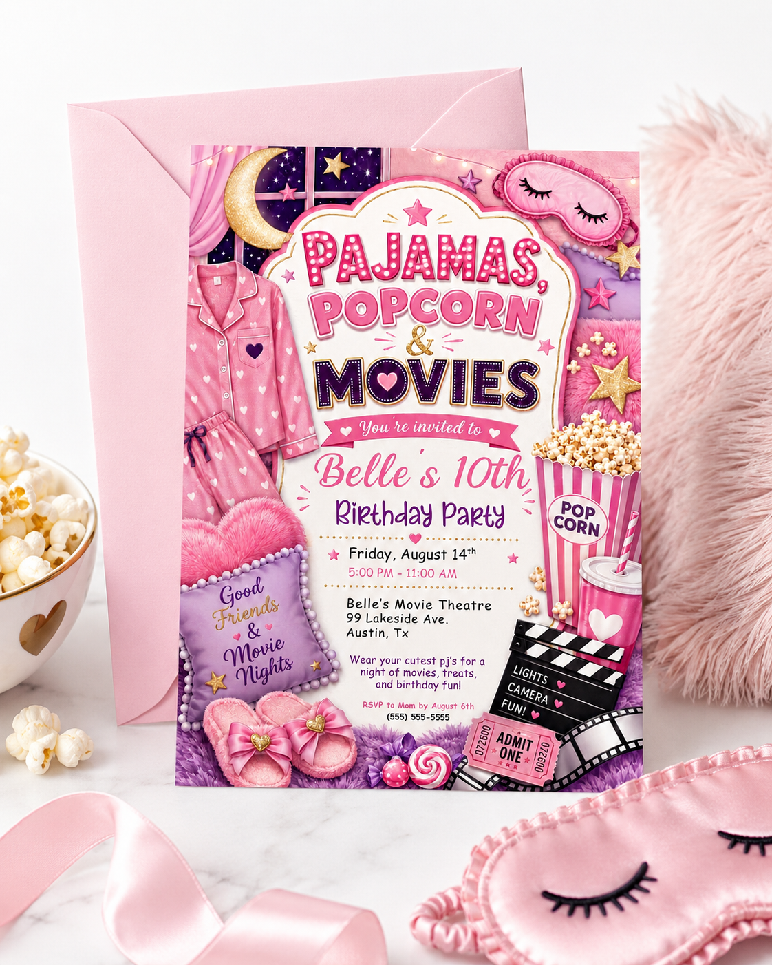 Pajama party movie night birthday invitation featuring pink pajamas, popcorn, slippers, sleep mask, movie ticket, clapperboard and cozy sleepover details.
