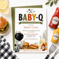 BBQ baby shower invitation with a backyard cookout theme in olive green, mustard, and rust orange
