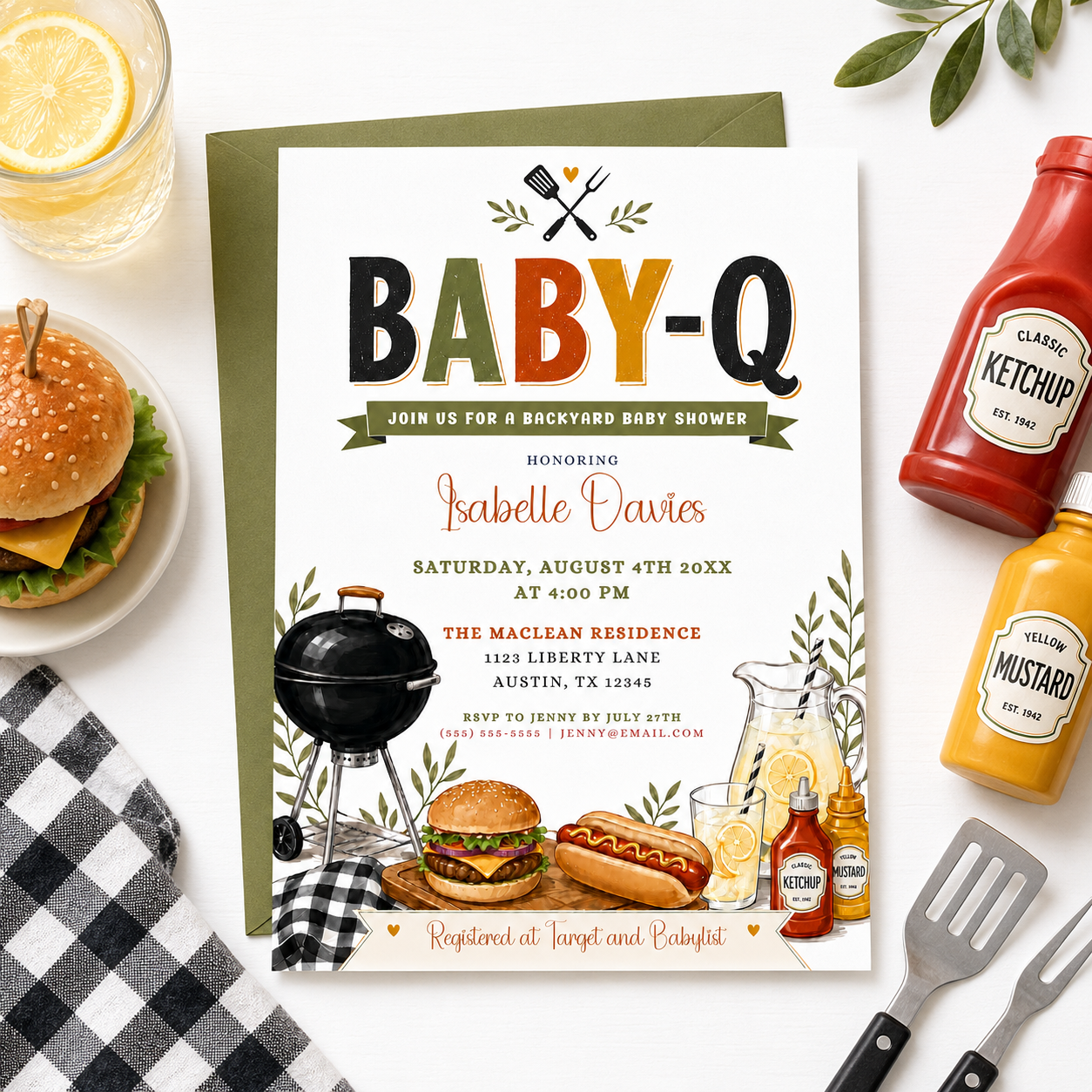 BBQ baby shower invitation with a backyard cookout theme in olive green, mustard, and rust orange