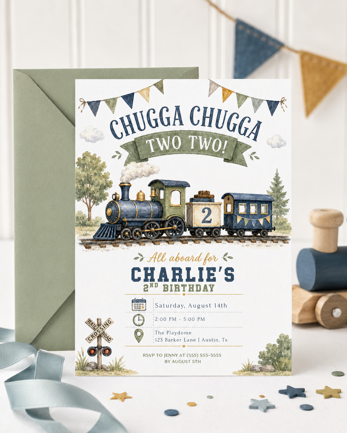 Chugga Chugga Two Two second birthday invitation featuring a navy and sage steam train, railroad crossing sign, trees and bunting.
