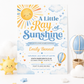 A little ray of sunshine baby shower invitation with golden sun, soft blue clouds, stars, hearts, and a blue and yellow hot air balloon