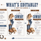 Editable hobby horse cowboy baby shower invitation Canva template with illustrated hobby horse, denim bandana bow, blue cowboy boots, tan hat, horseshoe, and bronze star with bold navy distressed typography on a cream background