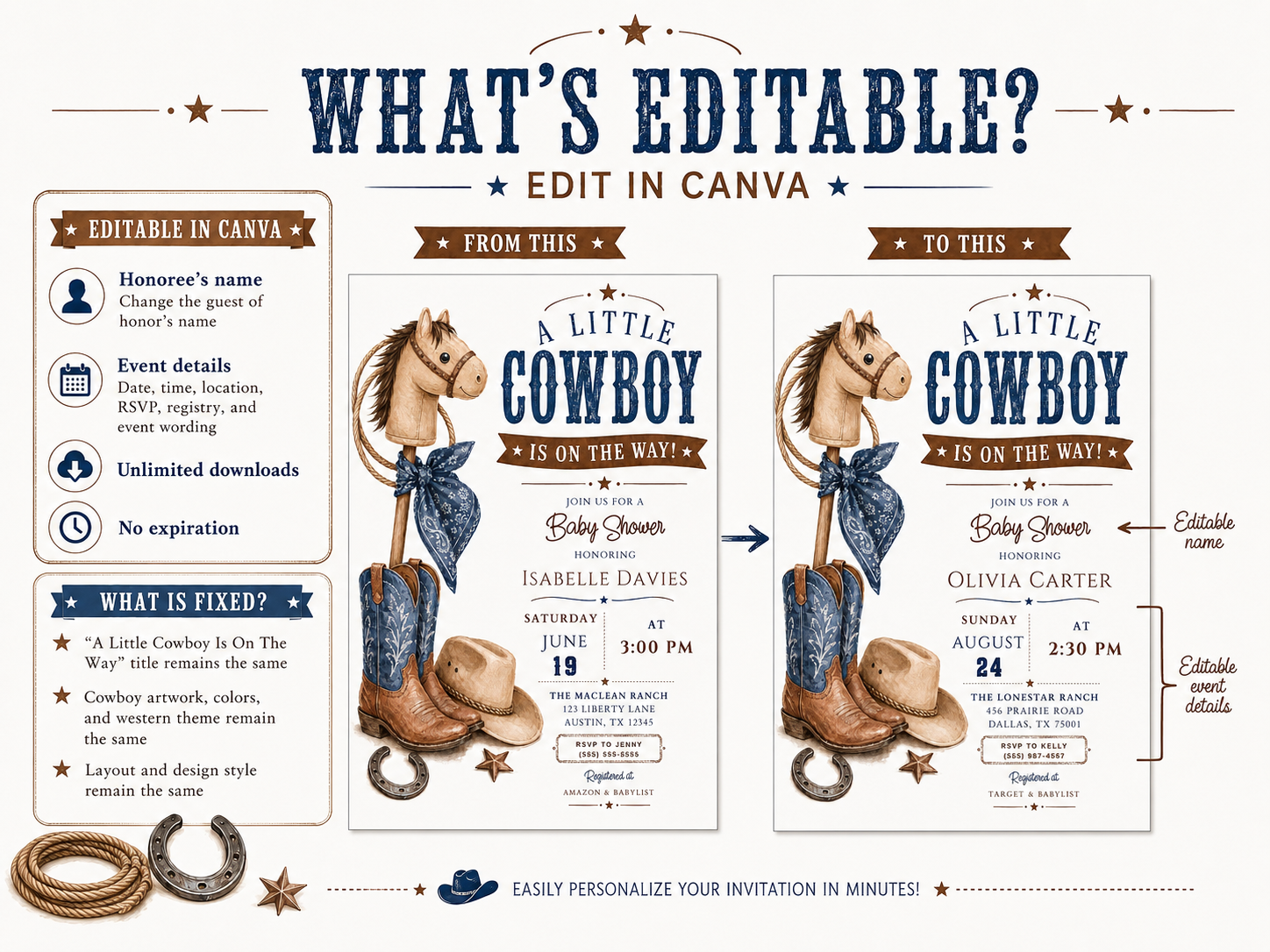 Editable hobby horse cowboy baby shower invitation Canva template with illustrated hobby horse, denim bandana bow, blue cowboy boots, tan hat, horseshoe, and bronze star with bold navy distressed typography on a cream background