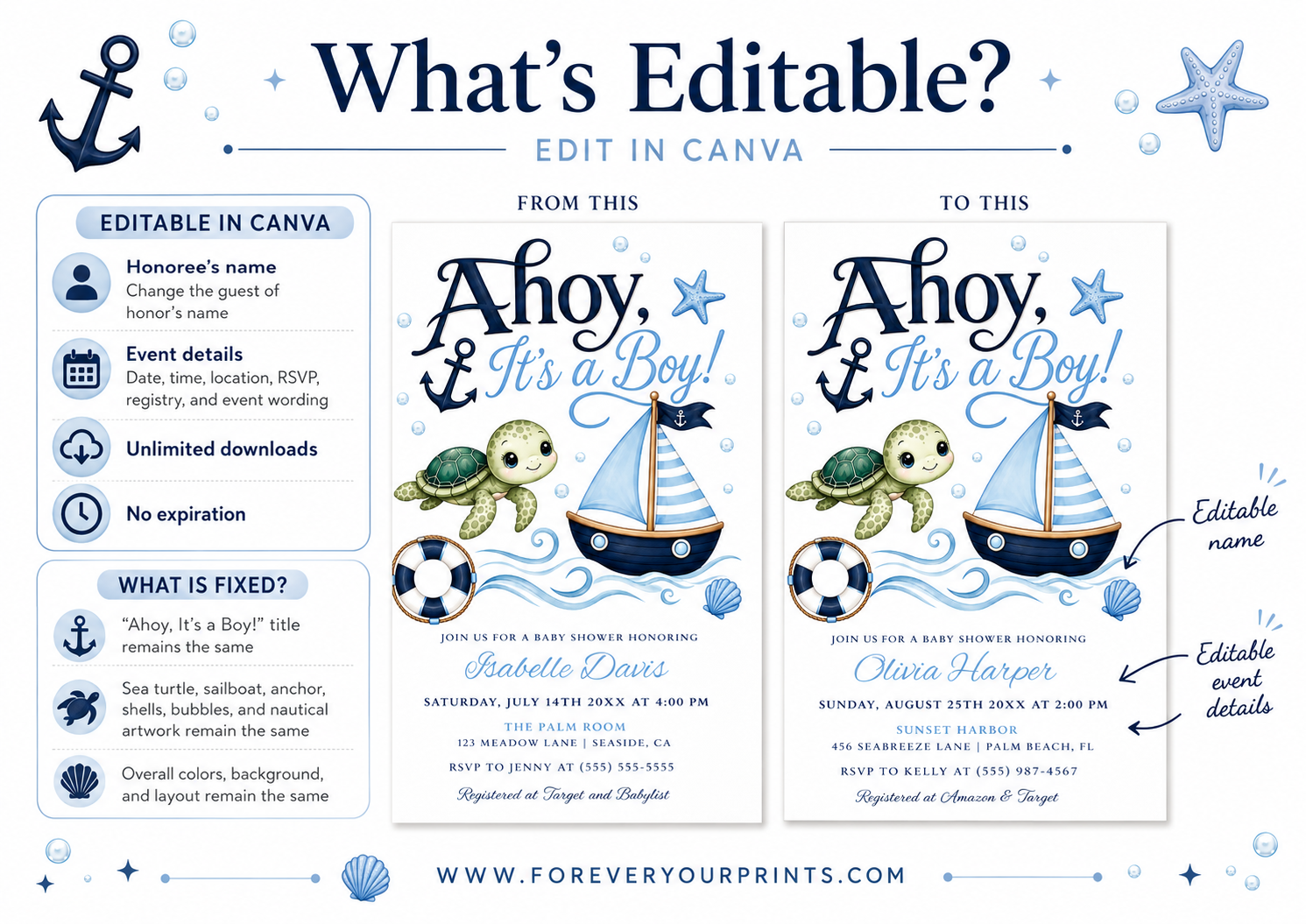 Editable ahoy it's a boy baby shower invitation Canva template with navy and sky blue nautical theme, sea turtle, sailboat, anchor, and ocean waves on a white background