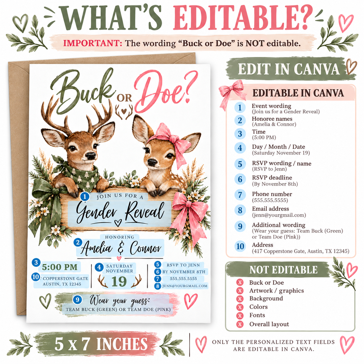 Buck or Doe gender reveal invitation with an antlered deer in a green bandana, a doe wearing a pink bow, rustic wooden sign, greenery, and pink and green ribbons