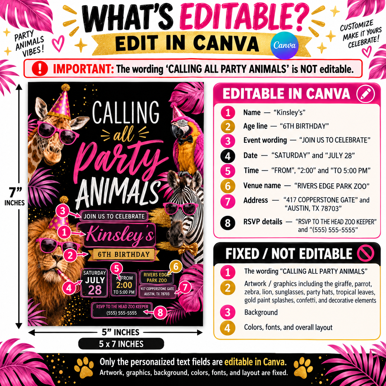 Party Animals birthday invitation with giraffe, zebra, lion, and parrot wearing party hats and pink sunglasses for a girls zoo birthday party