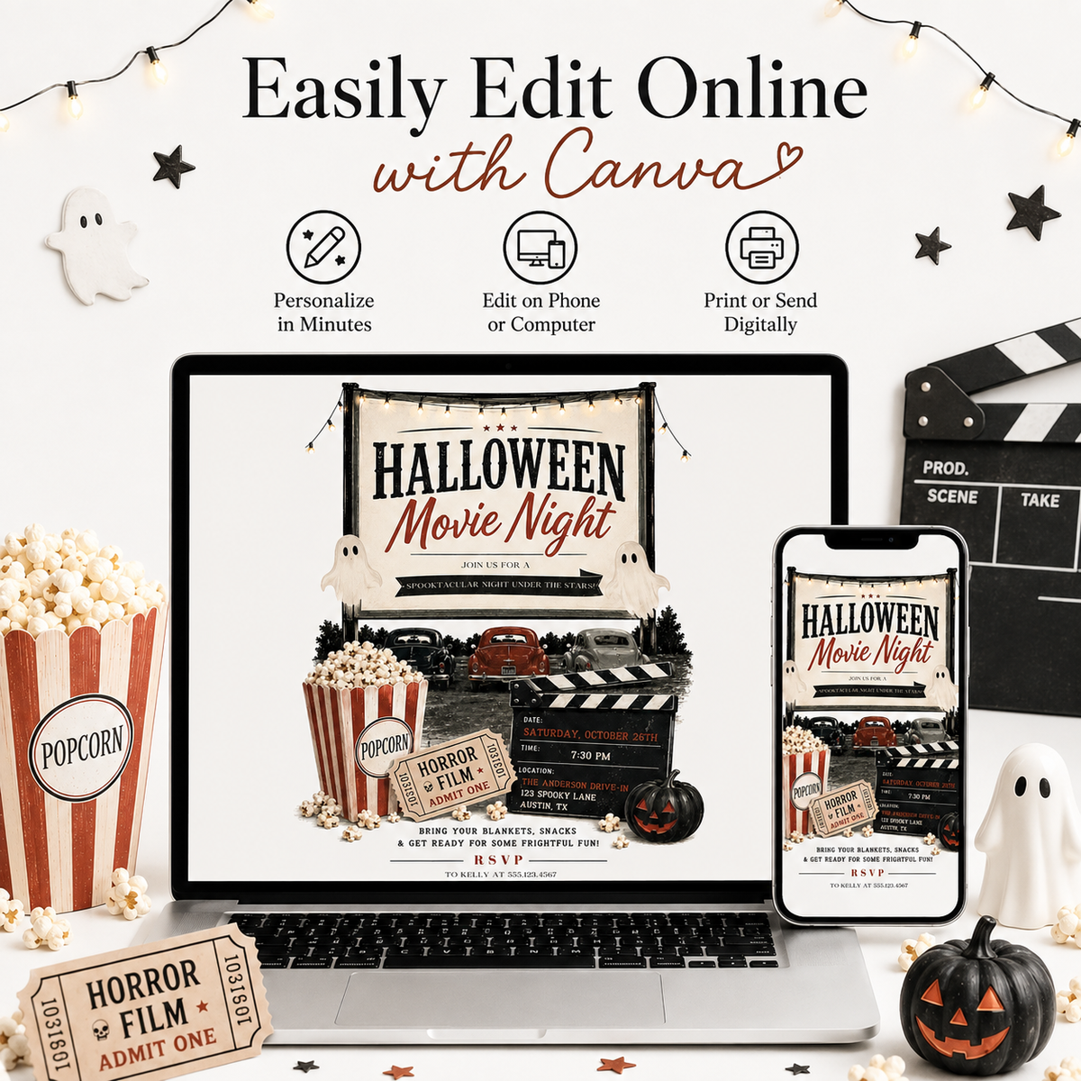 Halloween movie night invitation with vintage drive-in theater, classic cars, popcorn, horror film ticket, clapperboard, ghosts, and black jack-o-lantern