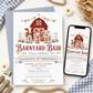 Barnyard bash farm birthday invitation with a red barn, calf, pig, and lamb in red, blue, and green