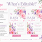 Editable baby in bloom butterfly baby shower invitation Canva template with watercolour peonies, roses, anemones, lavender, and purple and pink butterflies on a soft white background