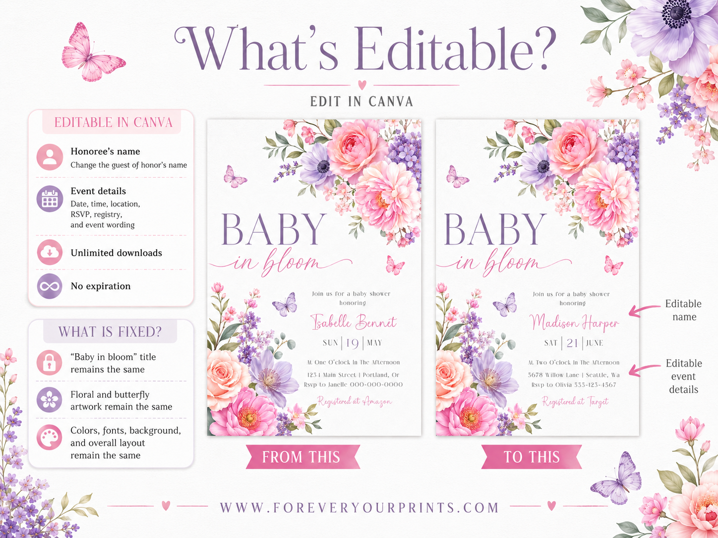 Editable baby in bloom butterfly baby shower invitation Canva template with watercolour peonies, roses, anemones, lavender, and purple and pink butterflies on a soft white background
