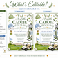 Editable golf baby shower invitation Canva template with illustrated smiling golf ball, golf bag, saddle shoes, golf cart, gingham cap, and fairway scene in forest green and white