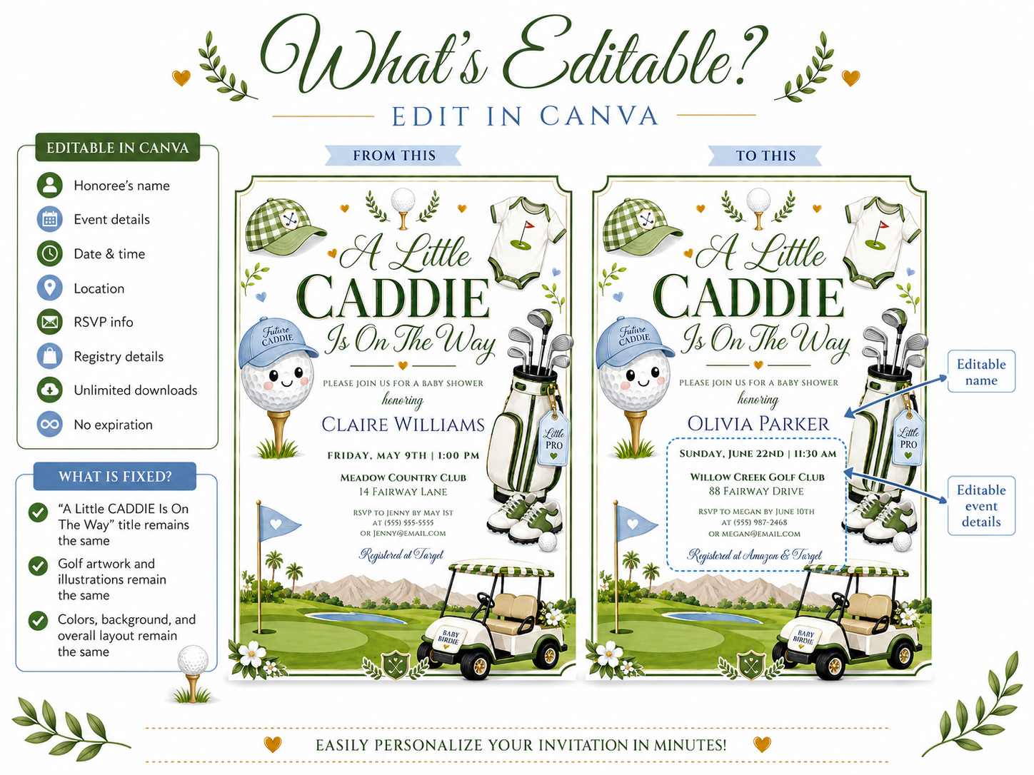 Editable golf baby shower invitation Canva template with illustrated smiling golf ball, golf bag, saddle shoes, golf cart, gingham cap, and fairway scene in forest green and white
