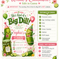 Big dill birthday invitation with cute pickle characters, party hats, balloons, pink bows, pickle jar, flowers, greenery, and green pink party details
