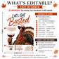 Friendsgiving invitation with Let’s Get Basted headline and illustrated turkey wearing sunglasses and holding a glass of red wine