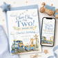 Soft blue and gold choo choo train birthday invitation featuring a teddy bear conductor, giraffe, and bunny.
