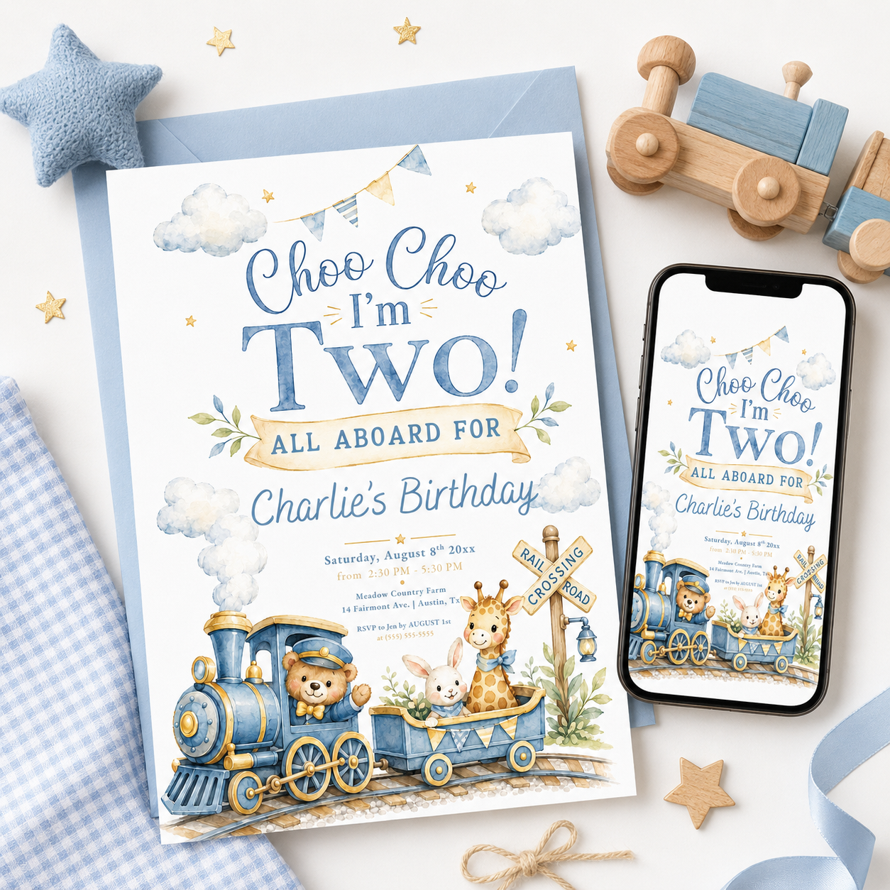 Soft blue and gold choo choo train birthday invitation featuring a teddy bear conductor, giraffe, and bunny.
