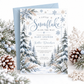 Winter baby shower invitation with blue snowflakes, snow-covered evergreen trees, frosted foliage, and A Little Snowflake Is on the Way wording on white