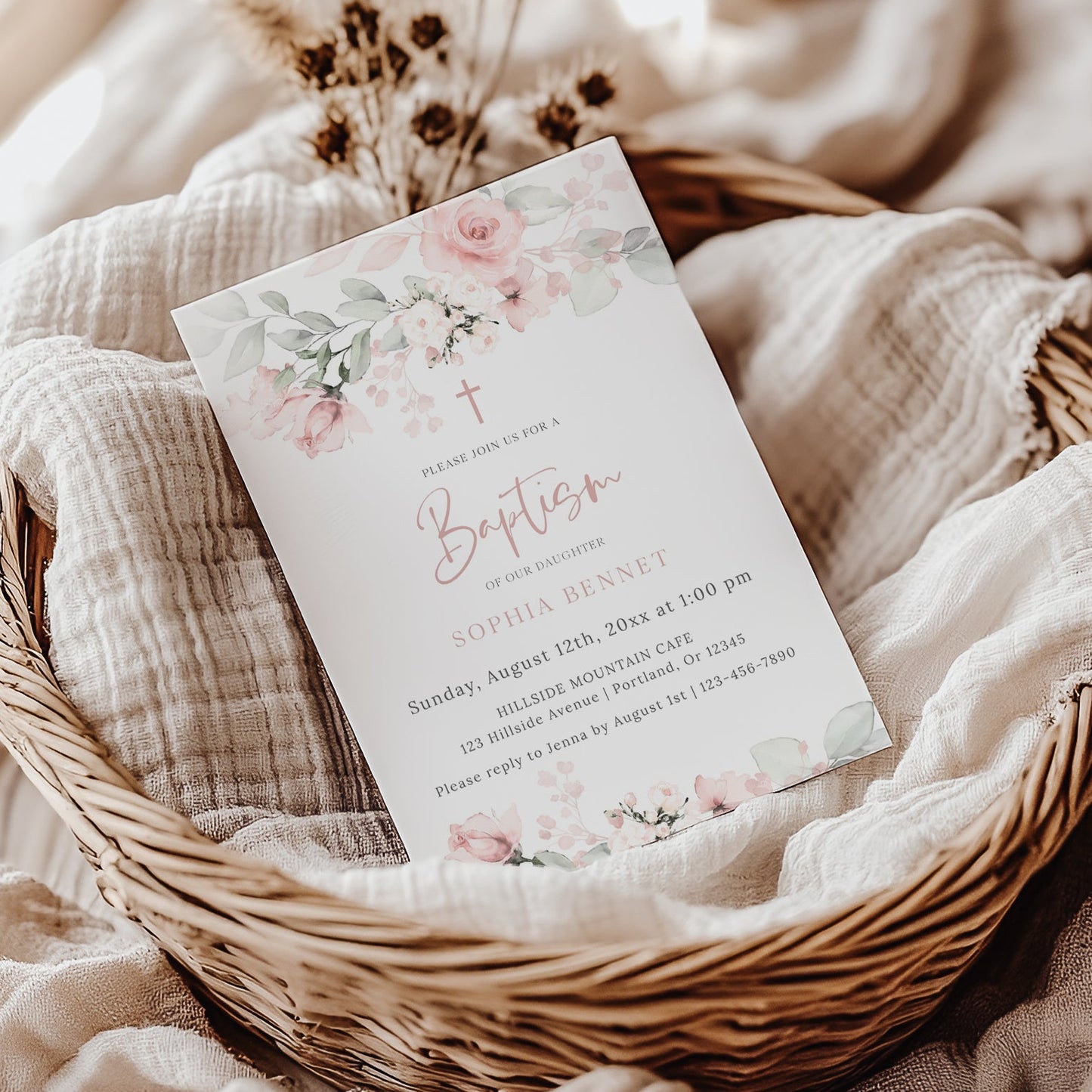 
Blush pink floral girl baptism invitation template with watercolor roses, sage greenery, and rose gold cross, editable in Canva